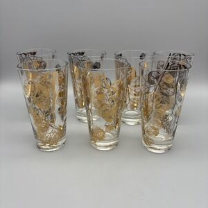 Gay Fad Gold Acorn Leaf High Ball Glasses 5.75" Tall 12 Oz MCM Set Of 7